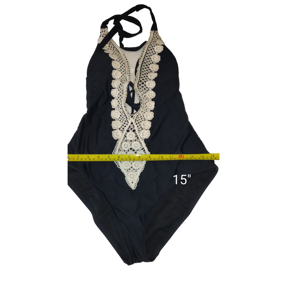 Mossimo Swimsuit Sz M Halter Crocheted Black One Piece Plunge Neckline Sexy!! - Picture 10 of 14